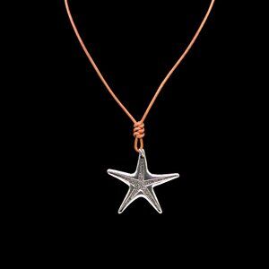 Large Starfish Pendant on Hand Knotted Soft Brown Leather Cord Necklace
